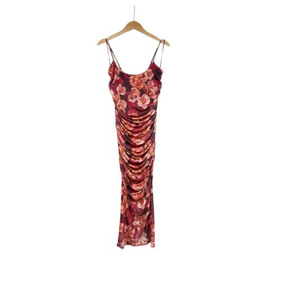 Runaway The Label - Sacha Midi Dress in Wine Floral Bodycon Ruched Womens L New - Picture 2 of 10
